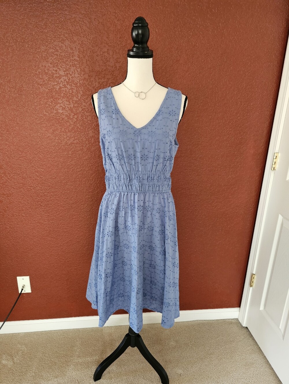 Nicole Miller Light Blue Eyelet V-Neck Midi Dress